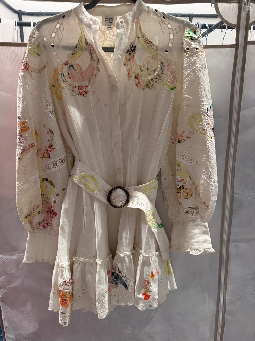 HEMANT & NANDITA White Embroidered Mini Dress with Pastel Accents